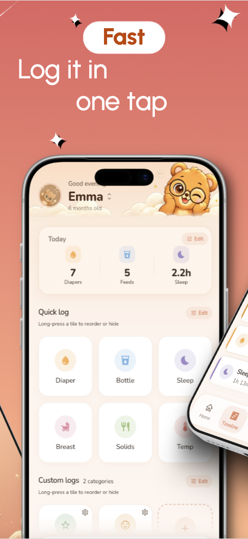 Home screen — today summary and one-tap quick log