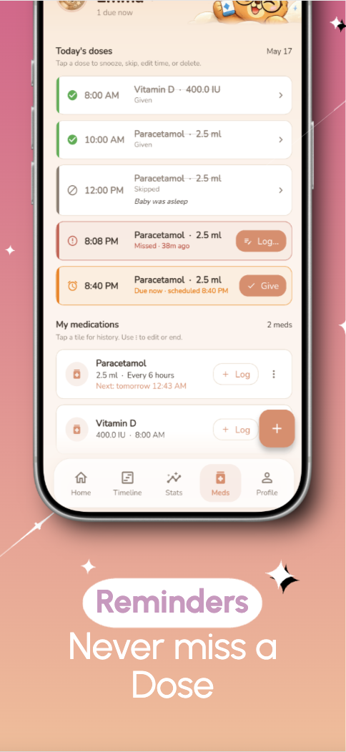 Medications — never miss a dose